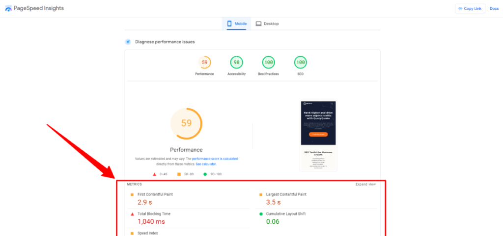 Google PageSpeed Insights report